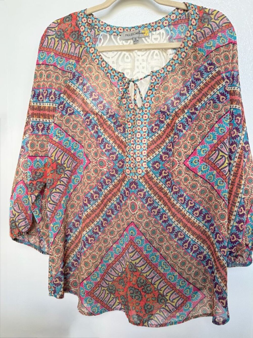 Figueroa & Flower Boho Top Multicolor Lace Accent Back Long Sleeve Tie Front XL